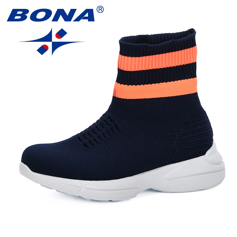 BONA 2019 новые дизайнерские Детские летающие кроссовки для девочек высокие носки