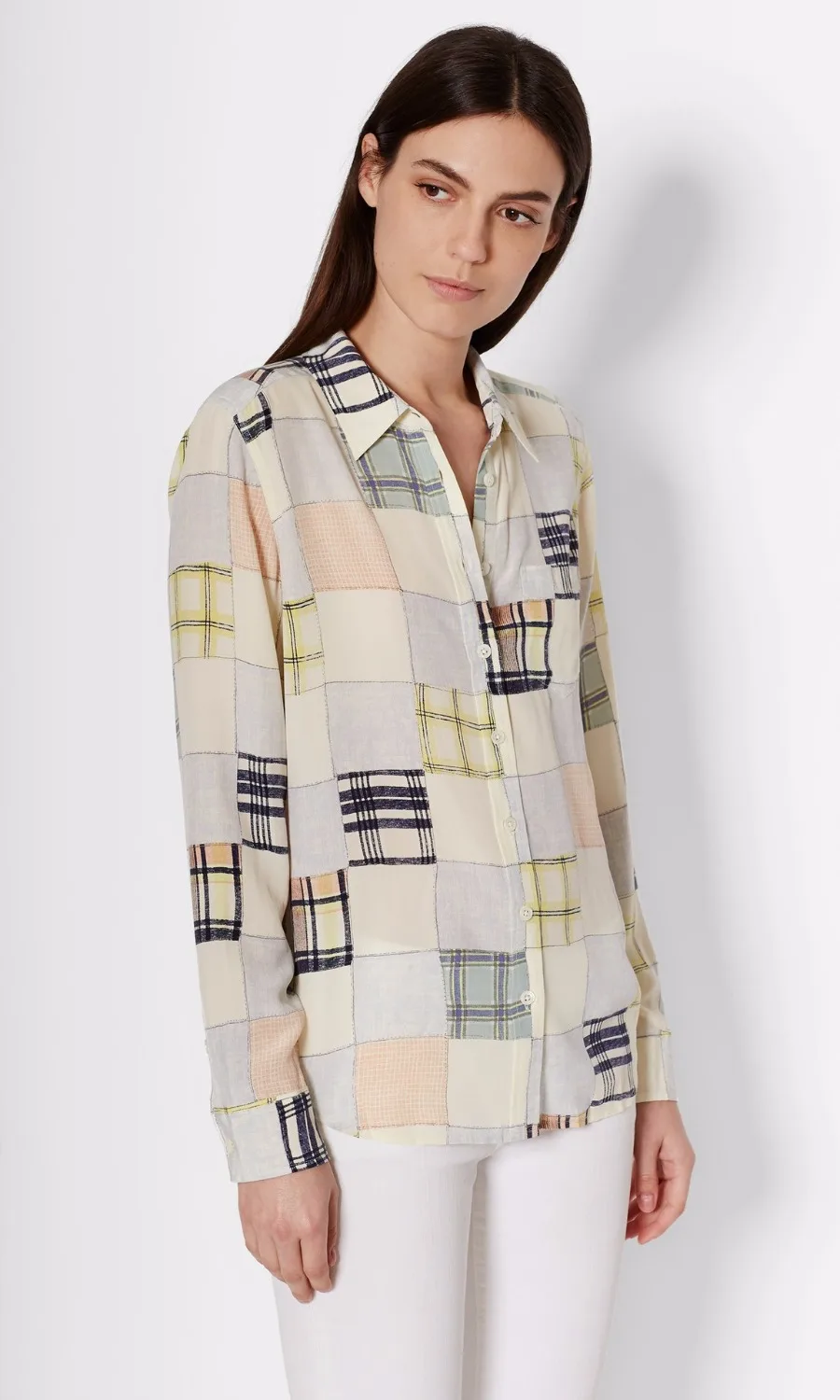 Newest EQ 100% silk women colorful plaid print long sleeve shirt lady soie sleep style blouse spring autumn |