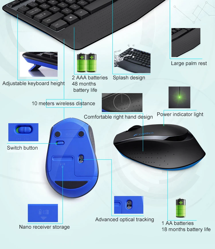 Комплект беспроводной клавиатуры и мыши logitech MK345, игровая клавиатура, ПК, геймер, оригинальная эргономика, водонепроницаемая Бесшумная клавиатура и мышь