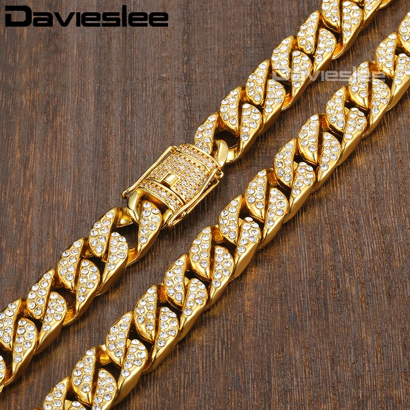 Davieslee Gold Necklace For Men Miami Curb Cuban Chain Necklaces Iced Out Men's Woman Jewelry Dropshipping 14mm LGN455 | Украшения и