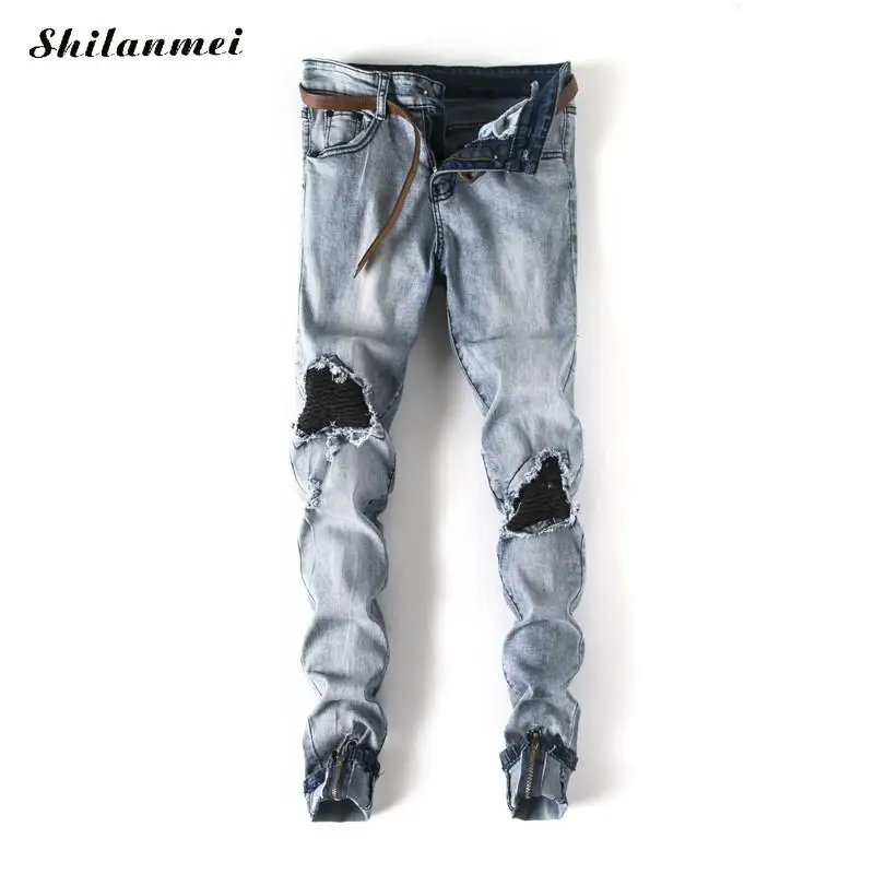 2018 Для мужчин джинсы Дизайн Slim Fit рваные байкерские Привет-улица s Distressed Denim Joggers