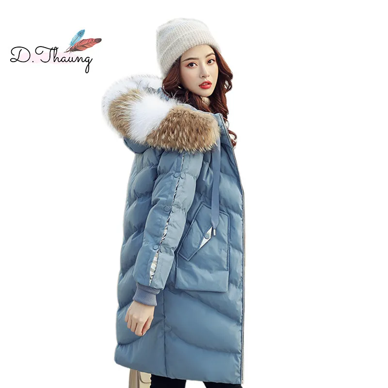 Женская куртка средней длины с меховым воротником зимняя хлопковая капюшоном