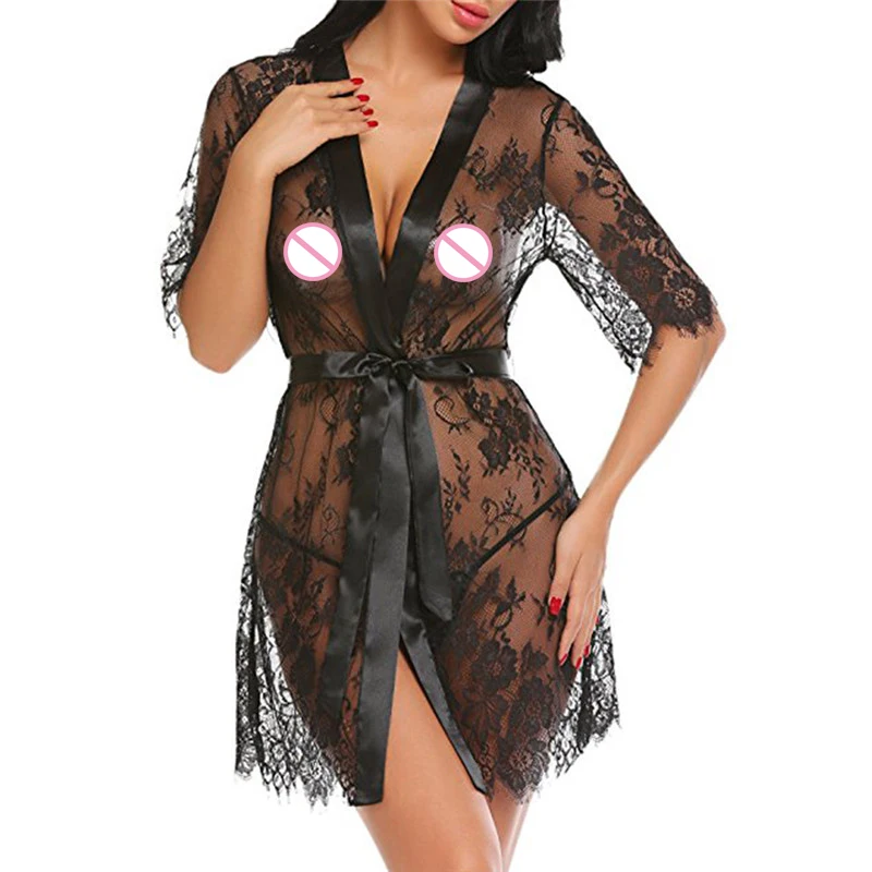 Женское короткое Кружевное кимоно Babydolls с поясом сексуальное платье коротким