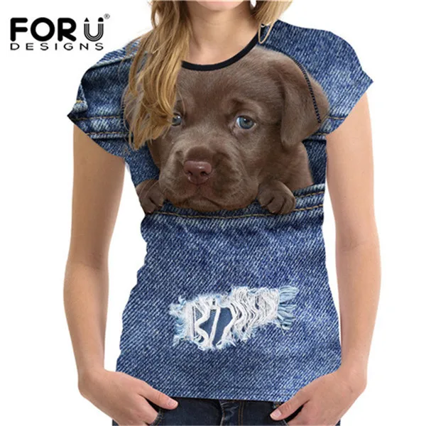 FORUDESIGNS/футболка с милым котом для женщин, Летний стиль, короткий рукав, женские футболки, 3D черный деним, с карманом, футболки для девочек, ropa mujer - Цвет: CC1671BV