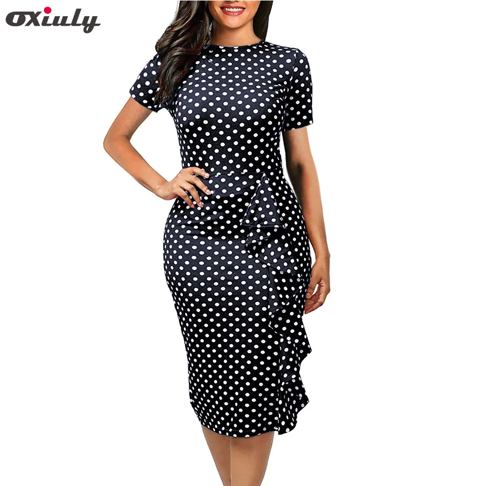 Платье карандаш в горошек с коротким рукавом и круглым вырезом|wear to work|pencil dresspolka