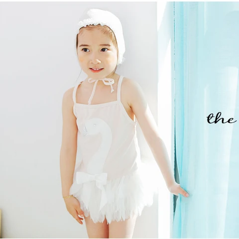

Swimsuit for Girl Baby Girl One-piece Bathing Suit Small Swan Floral Print Swimsuit with Lace Hem Cute Girl Beach Clothes