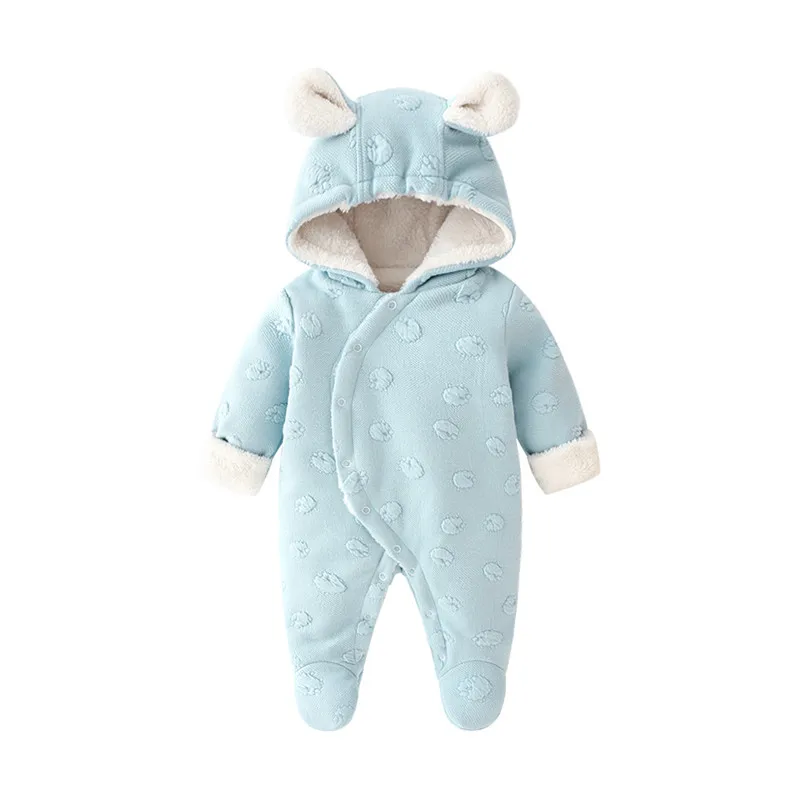 Blue rabbit Зимние комбинезоны для новорожденных девочек; плотный теплый хлопковый комбинезон; одежда с капюшоном; Рождественский комбинезон принцессы с цветочным рисунком для девочек - Цвет: Blue rabbit