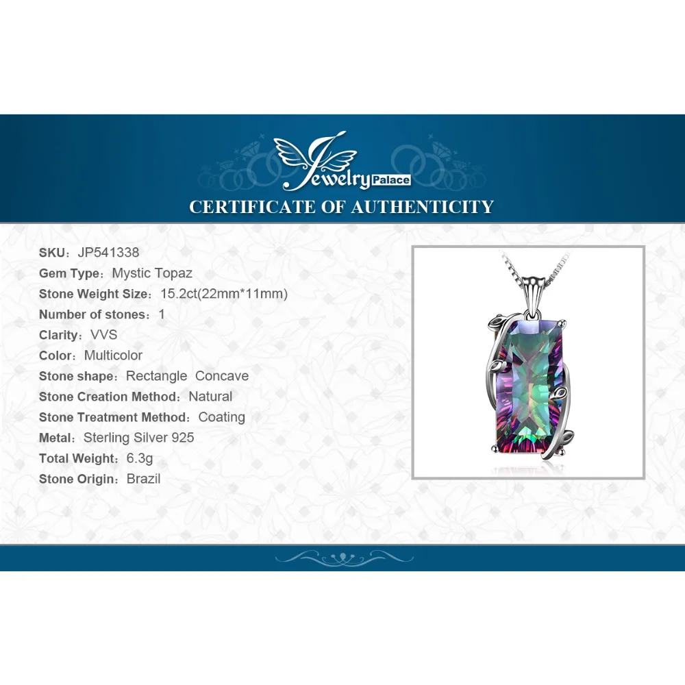 JPalace 16ct Rainbow Mystic Topaz Pendant Necklace 925 Sterling Silver Gemstones Choker Statement Women No Chain | Украшения и