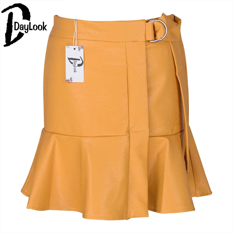 Daylook New Arrival PU Leather Skirts High Waist Sexy Ruffled A-Line Office Skirt Faux Pencil Solid Mini Bodycon Women | Женская одежда