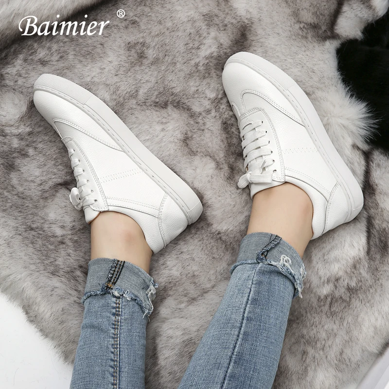 Baimier Genuine Leather White Women Sneakers Spring Street Style Lace up Running Shoes Casual Comfortable Women Flat Shoes