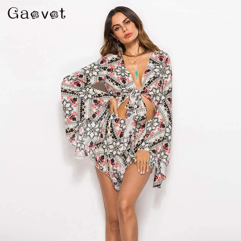 Gaovot Boho Print пляжные Летние Комбинезоны женские длинные расклешенные рукава мини