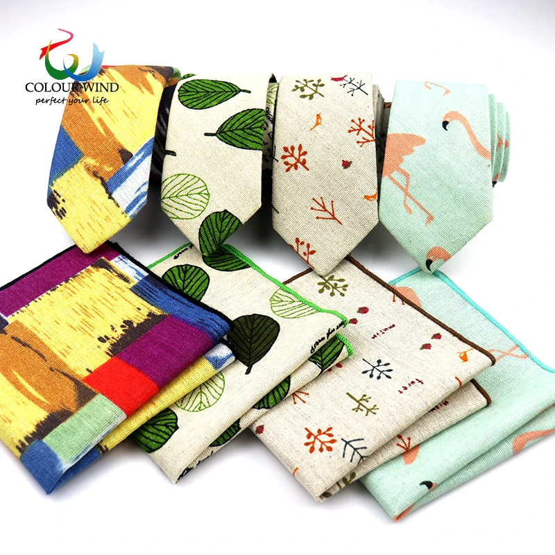 

Men's Design Tie Set Cotton Linen Neck Ties Skinny Plaid Pocket Square Qstrich Flower Stars Leaves Prints Handkerchief Sets Lots
