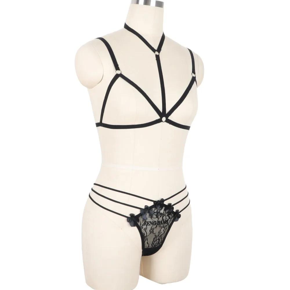 Crop Top Set Black Open Chest Cage Harness Bra Fetish Wear Bottom Panties Body Sexy Lingerie Bondage Bodysuit | Женская одежда