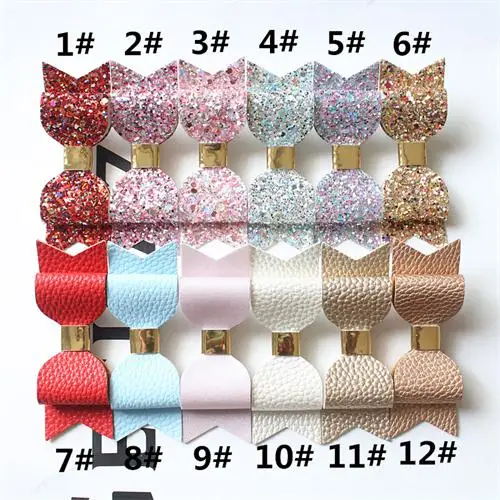 mixed 12 colors 12 шт двойные волосы бант Принцесса Дети Девочка заколка для волос Искусственный Блеск Войлок личи стриа кожаные волосы pu сцепление полоса золото Зажим Заколки - Цвет: mixed 12 colors