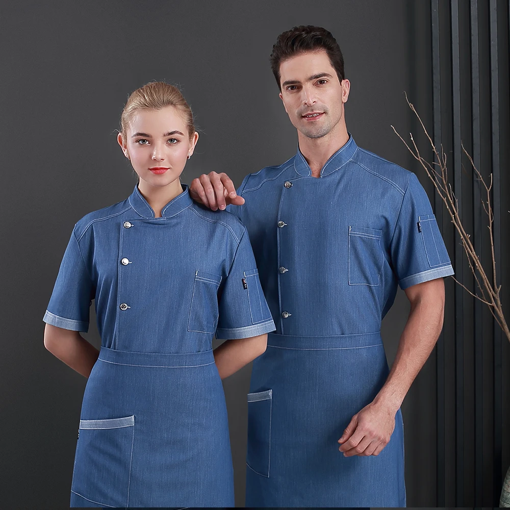 Blue Куртка с коротким рукавом для шеф-повара, эластичная джинсовая рубашка для приготовления пищи, Высококачественная рабочая одежда для отеля, кухни, суши - Цвет: Blue
