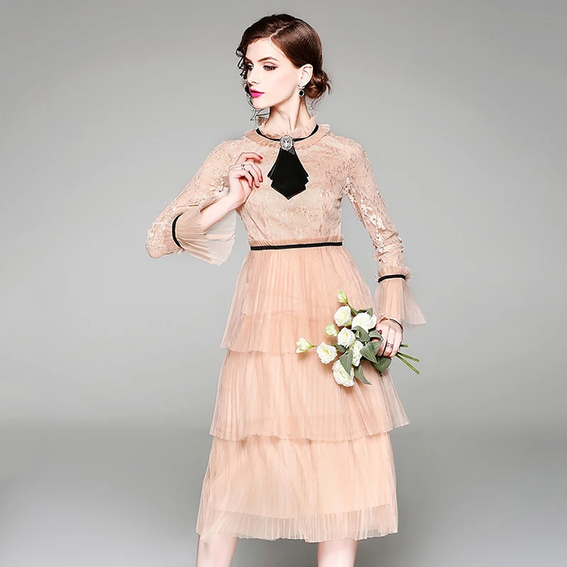 Trytree/летнее осеннее Повседневное платье с бантиком расклешенный рукав женское