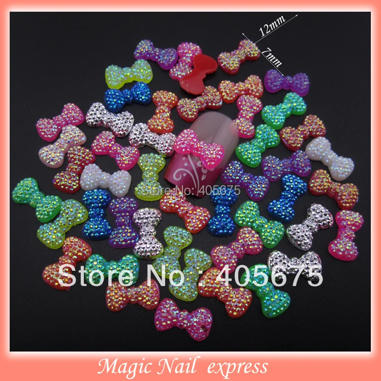 100 шт Смешанные 3d дизайн ногтей бантики Неон с сияющими блестками смола галстук