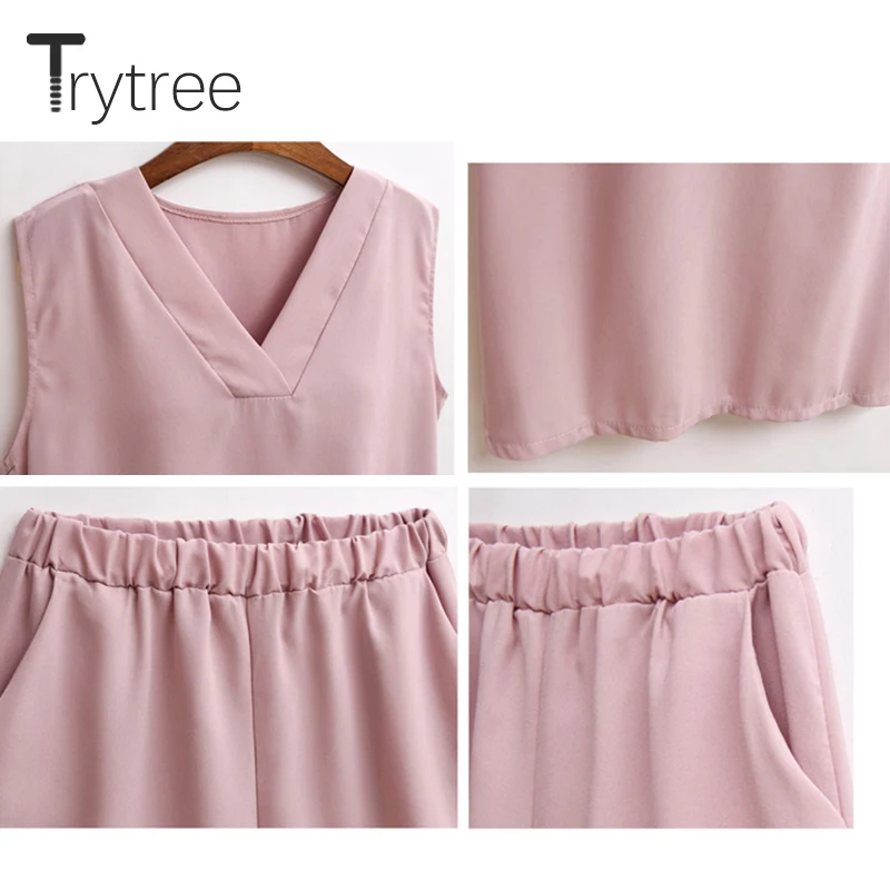 Trytree летний женский костюм из двух предметов Повседневное шелковистой v образные