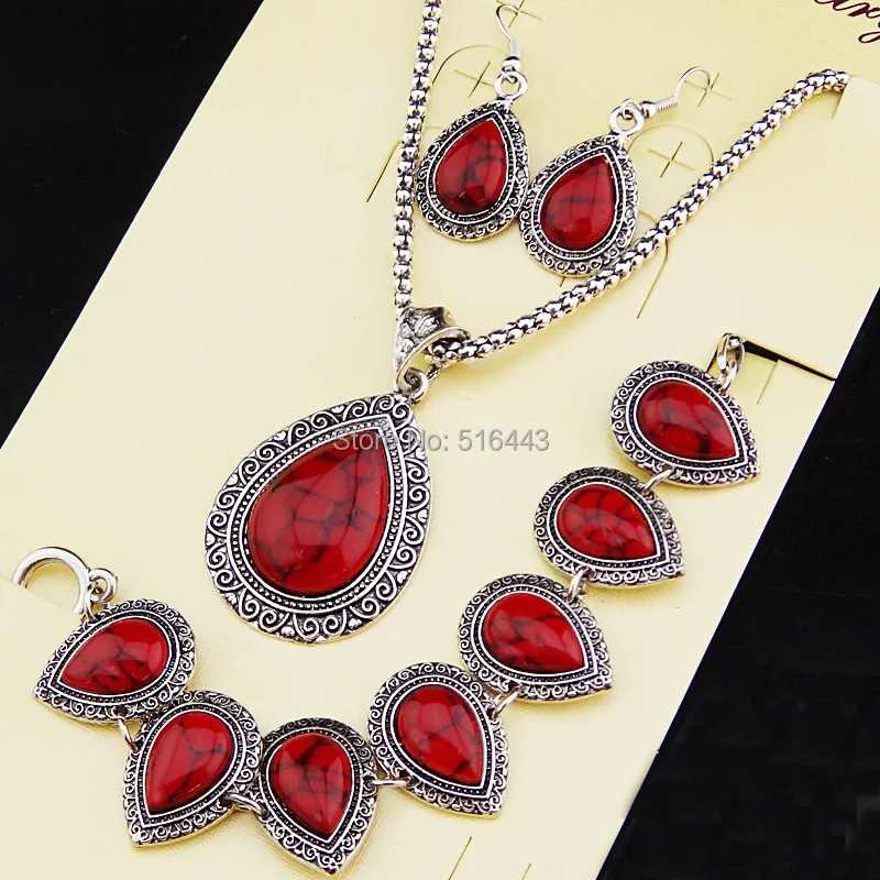 Новинка лидер продаж античное серебро капли воды бирюзовые серьги браслет