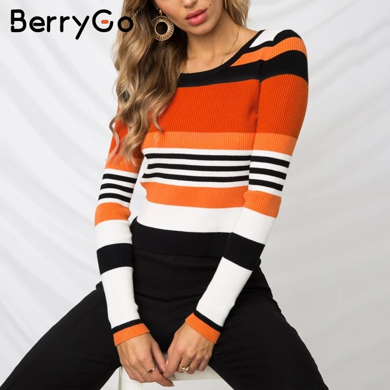 Женский вязаный джемпер в полоску BerryGo повседневный облегающий свитер с оборками