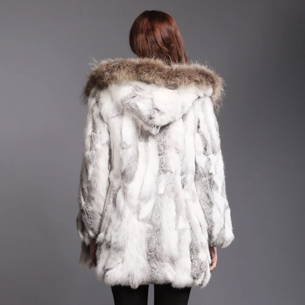 2021 New Women Real Rabbit Fur Coat Winter Warm Long Jacket Raccoon Collar Hooded Sleeve Clothes | Женская одежда