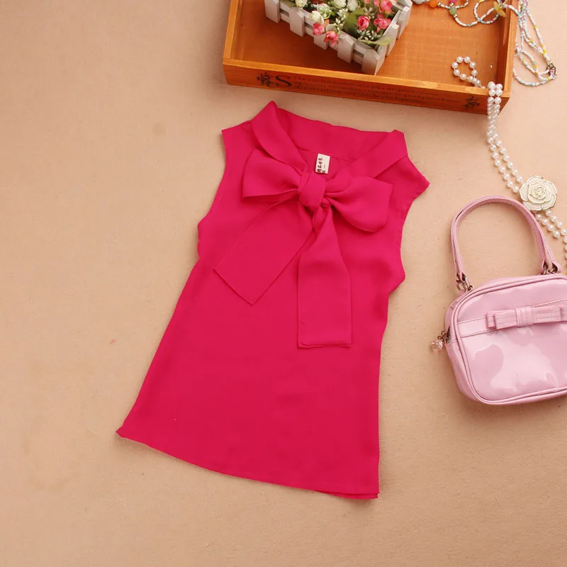 rose girls shirts Летняя блузка для девочек-подростков, шифоновые Блузы без рукавов с бантом, школьные топы и блузки для девочек, рубашки для детей JW1506 - Цвет: rose girls shirts