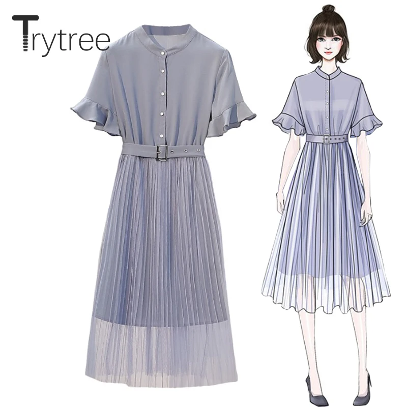 Trytree летнее платье-рубашка повседневное однотонное полиэфирное лоскутное Сетчатое плиссированное платье с подолом женские платья с поясом офисное женское платье длиной до колена