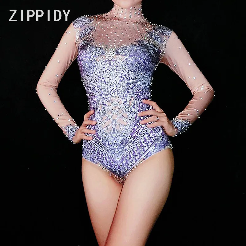 

Glisten Rhinestones Stretch Printed Bodysuit Women's Birthday Party Evening Celebrate Outfit Women Singer Dance Stage Show Wear