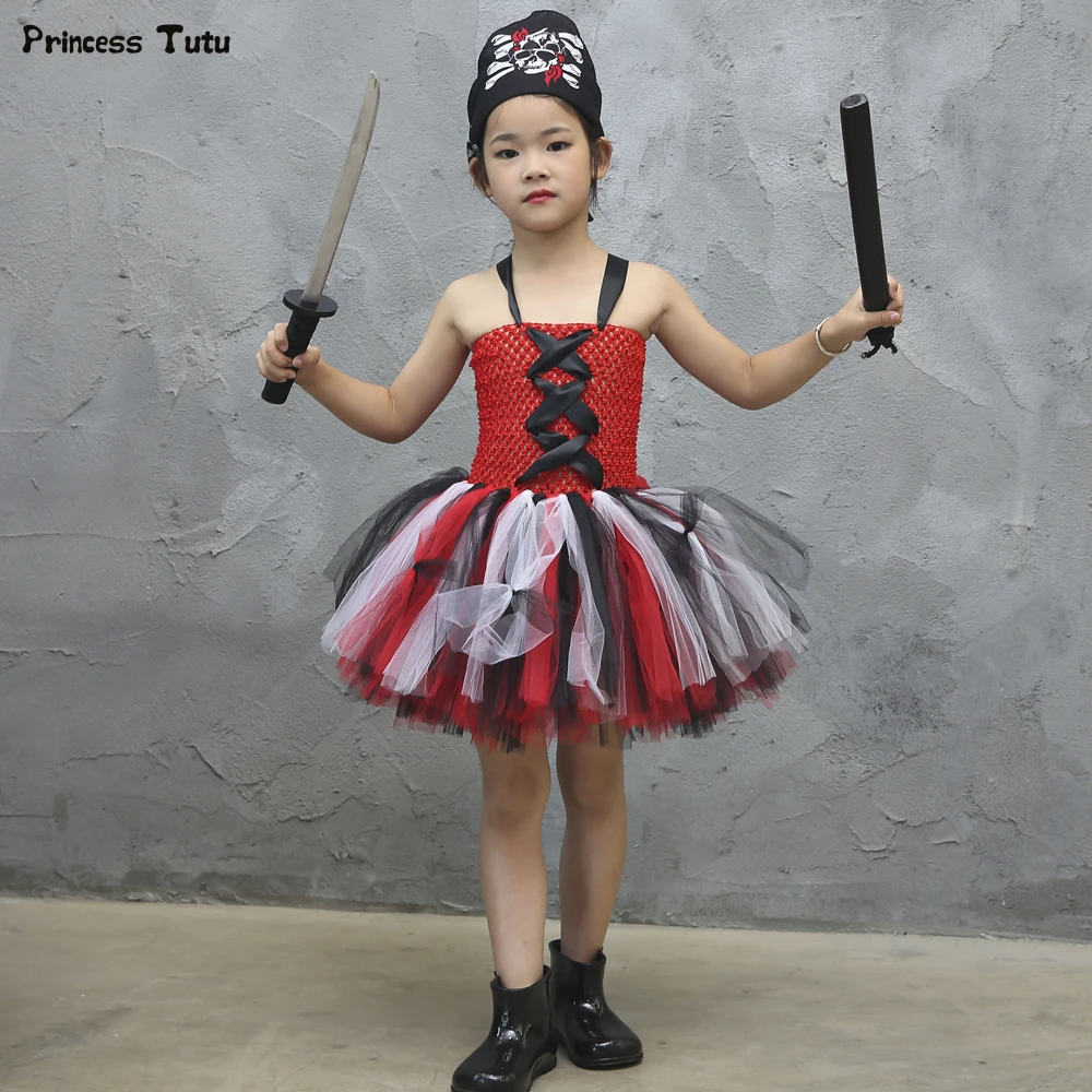 Red and Black Girls Pirate Tutu Dress with Kerchief Halloween Cosplay Costume for Kids Party Children Clothes | Детская одежда и
