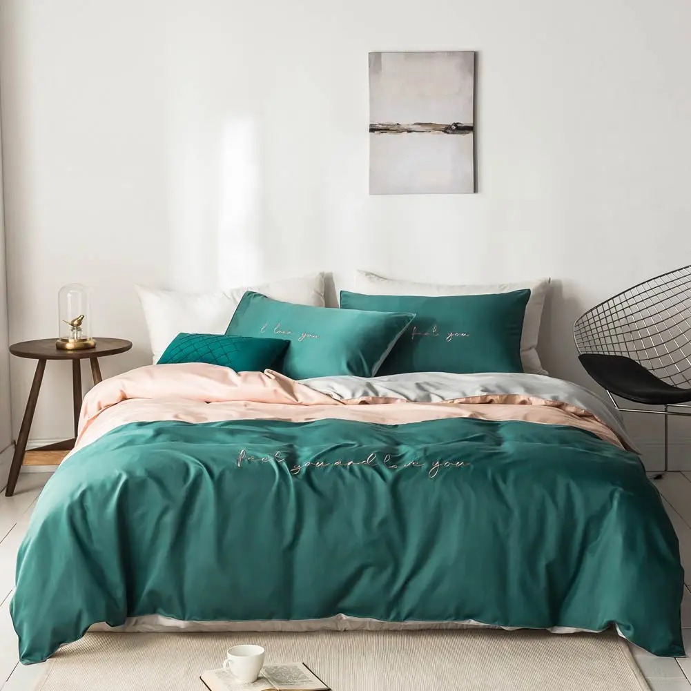 Nordic Light Green Dark INS Embroidery Bedlinens Artificial Silk Satin Duvet Cover Set Queen King Bedsheet Bedding Set
