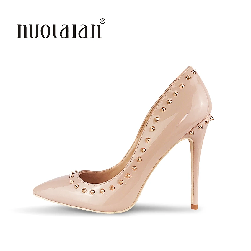 

Rivets Shoes Woman High Heels Pointed Toe Sexy 12CM Heels Nude Patent Leather Ladies Shoes Fashion Wedding Shoes Pumps