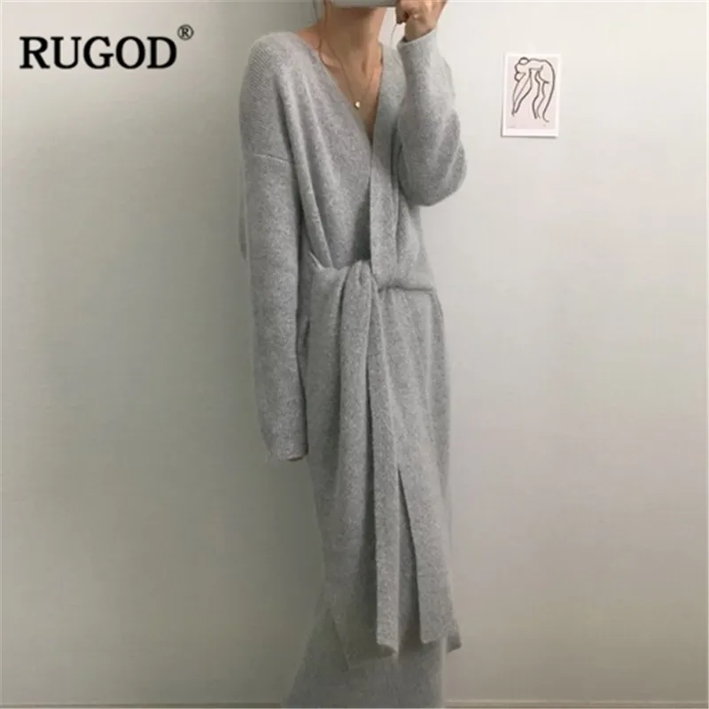RUGOD Новое корейское длинное платье-свитер с поясом женское однотонное повседневное мягкое теплое кашемировое платье женское элегантное платье с v-образным вырезом и длинным рукавом Vestido - Цвет: Серый