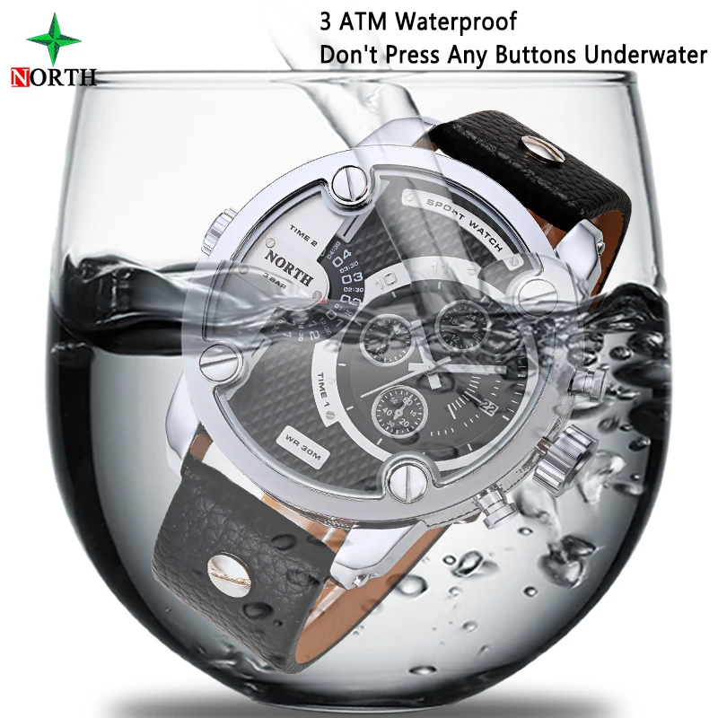 Для мужчин спортивные часы кварцевые военные Элитный бренд кожа Oversize Dual Time Часы 30