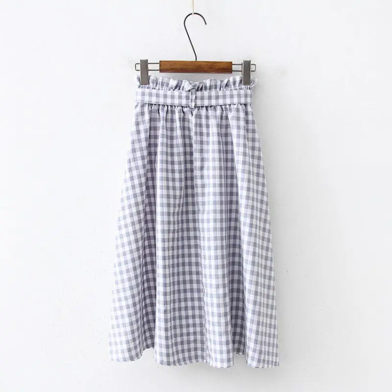 Sweet Button Print Skirt Women Bow Lace Up Vintage Literary Style Elastic High Waist Wild A Word Long Skirt