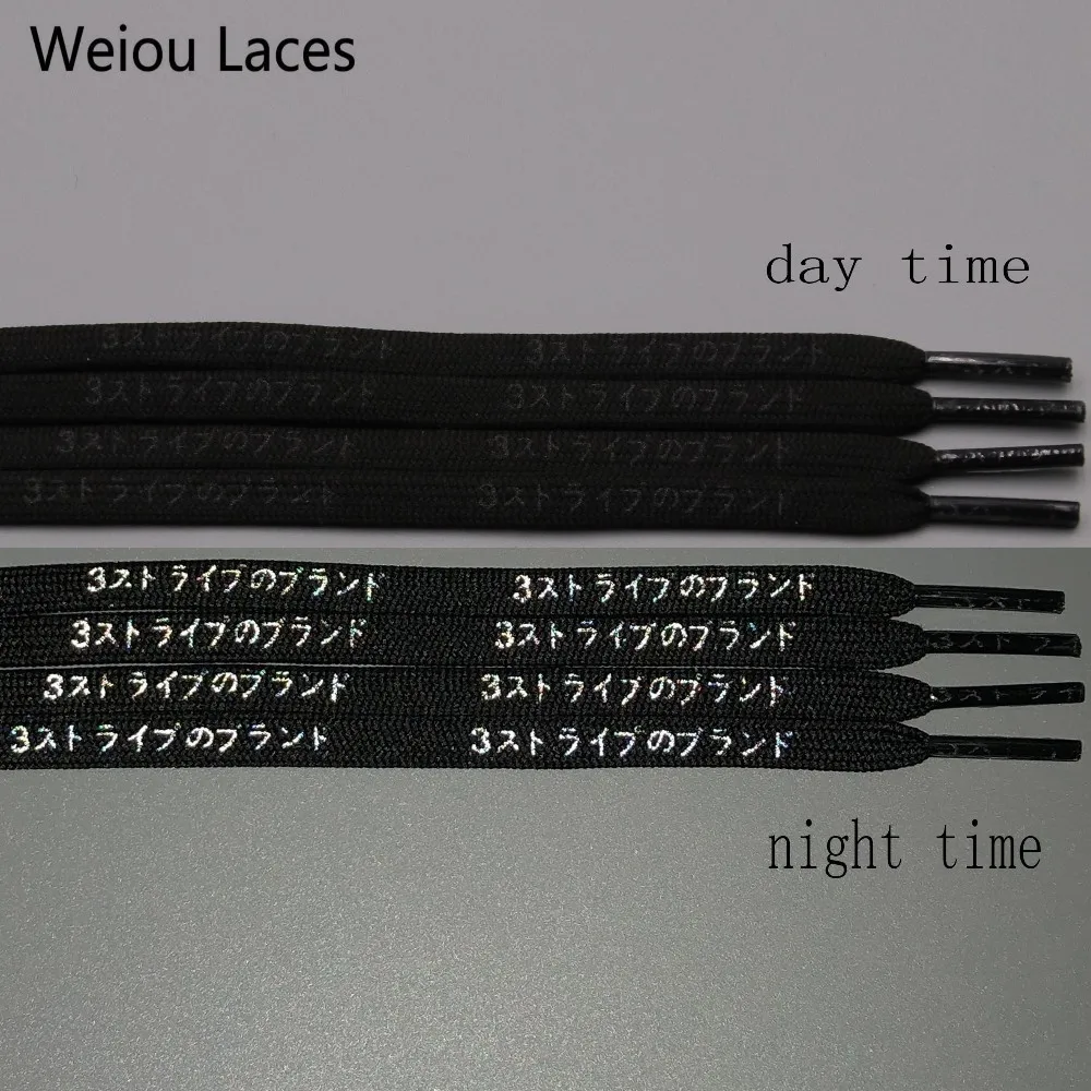 Weiou 7 мм плоский красивыми принтами со словами печати 3м Reflective японский Katakana иероглифы шнурки Пластик советы печатных шнурки для Спортивная обувь - Цвет: 861	Black-3M Reflect