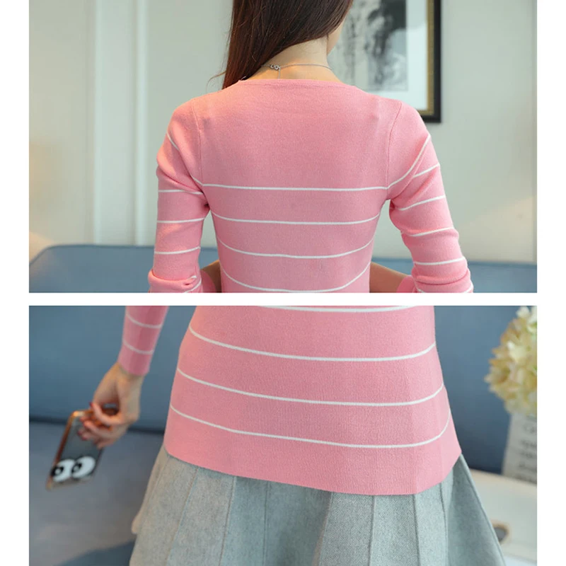 2018 New Autumn Women Sweater Pullovers Basic Tops Elastic force Slim O-neck Knit Casual stripe Long-Sleeve Sweaters Female | Женская