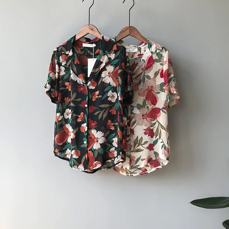 2019 корейские женщины моды одежда ретро печатных Женская рубашка блузка с