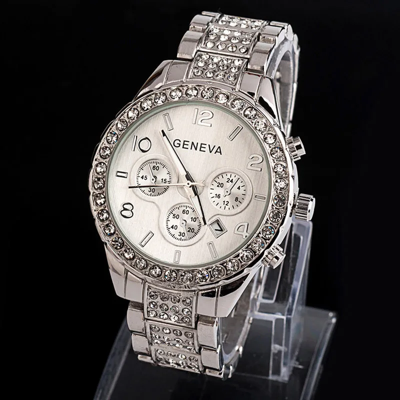 Silver Geneva, Классические роскошные женские часы, стразы, модные женские часы, женские часы, часы, Relogio Feminino Reloj Mujer 40Q - Цвет: Silver