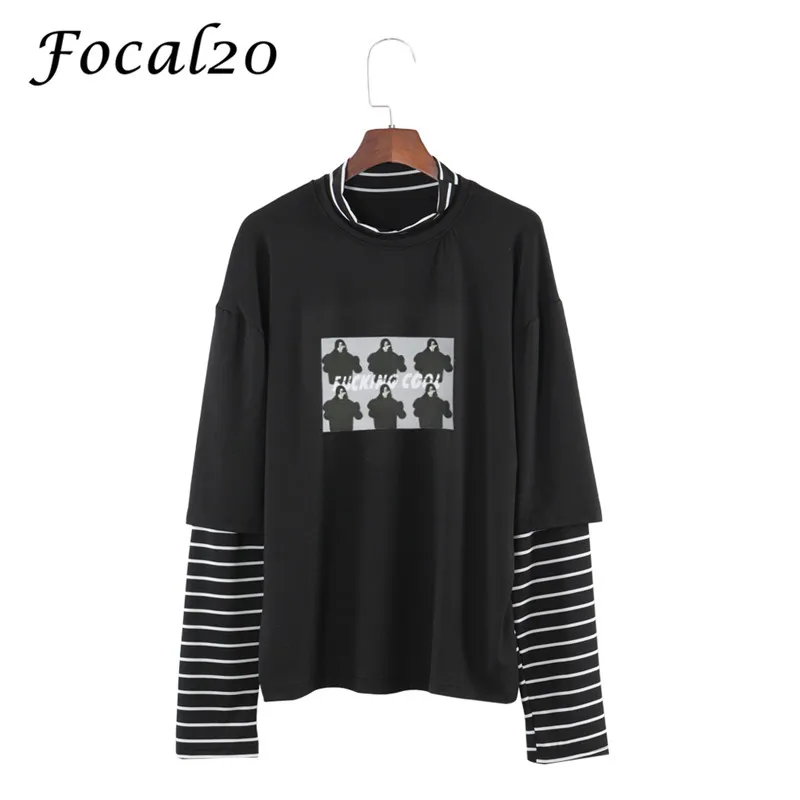 Black Focal20 Harajuku женская футболка с принтом призрака, женская футболка с длинным рукавом, в полоску, готический панк, большие размеры, футболка, топ, уличная одежда - Цвет: Black