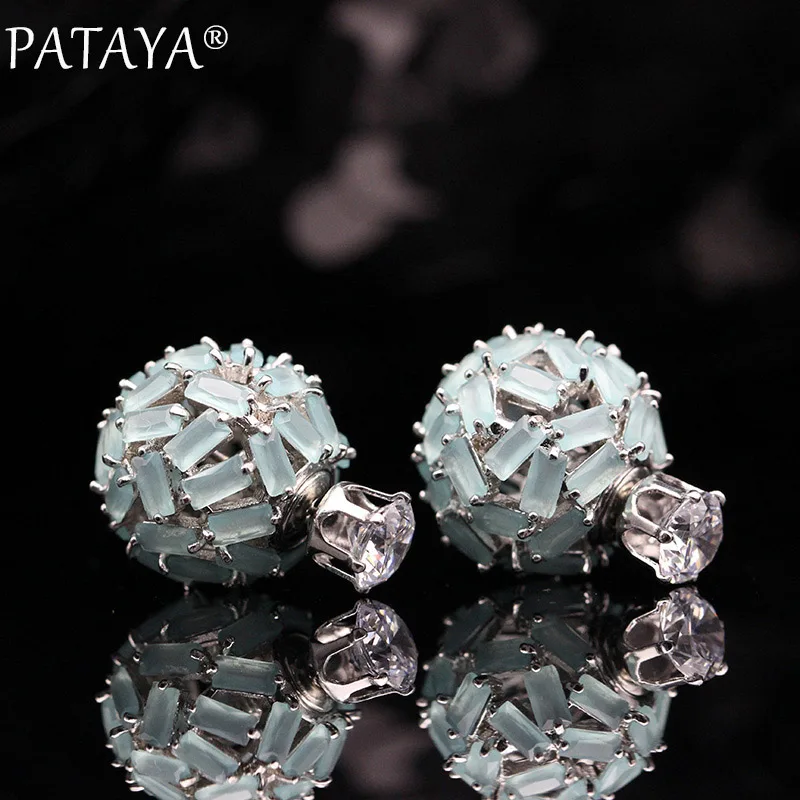 blue PATAYA, новинка 585, розовое золото, белое золото, квадратный Природный Цирконий, шар, серьги-гвоздики, 925 серебро, иглы, женские свадебные Роскошные ювелирные изделия - Окраска металла: blue