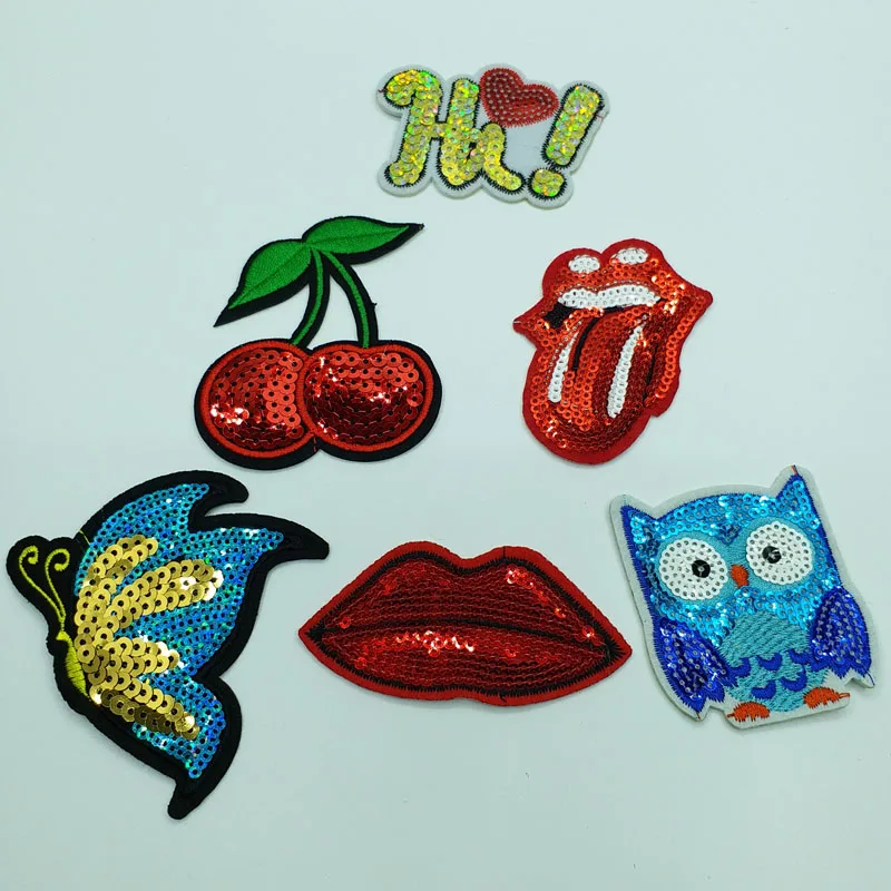 

High quality small sequins patches for clothing bag hat DIY embroidered patch cherry lips butterfly owl appliques parche ropa