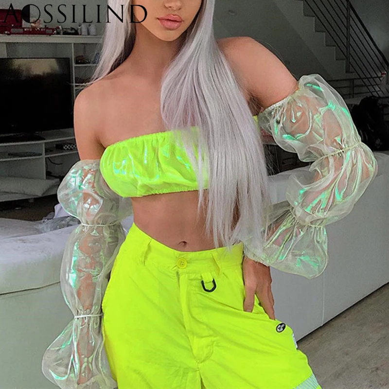 AOSSILIND сексуальный лоскутный укороченный топ с пышными рукавами для женщин 2019