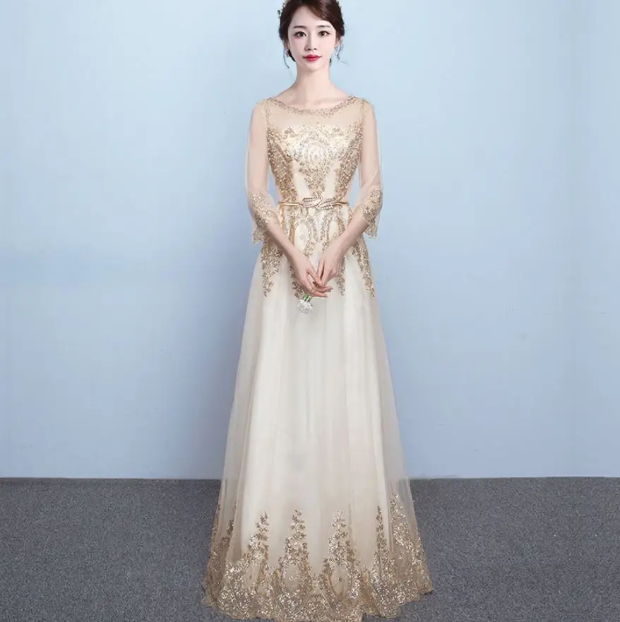 Шампанское Vestido dama de honor boda, новинка, круглый вырез, 3/4 рукав, ALine, золото, шампанское, серебро, кружево, блестки, свадебное платье, длинное - Цвет: Шампанское