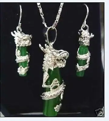 Hot selling@&gt green jade silver plate dragon Necklace earring set18K gold plated watch wholesale Quartz stone CZ crystal Nat -Br |