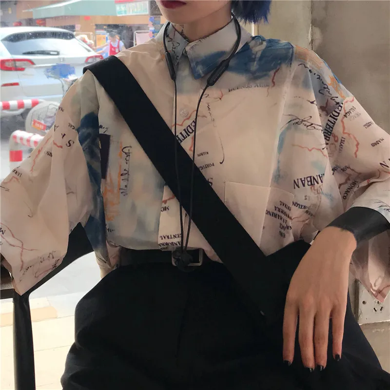 Новинка, Harajuku Bf, Корейская женская рубашка с принтом, свободная, половина рукава, отложной воротник, топ, блузка, Повседневная Уличная одежда, женские рубашки