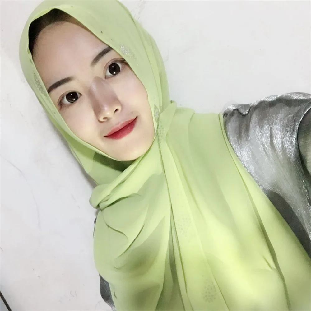 

Muslim Headscarf 75D Pearl Rhinestone Chiffon Hot Drill Hidden Button Summer Hijab Convenient Shawl