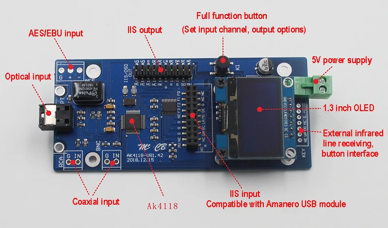 AK4118 цифровой приемник доска аудио декодер DAC SPDIF к IIS коаксиальный Оптический USB AES/EBU вход поддержка XMOS/Amanero модуль OLED