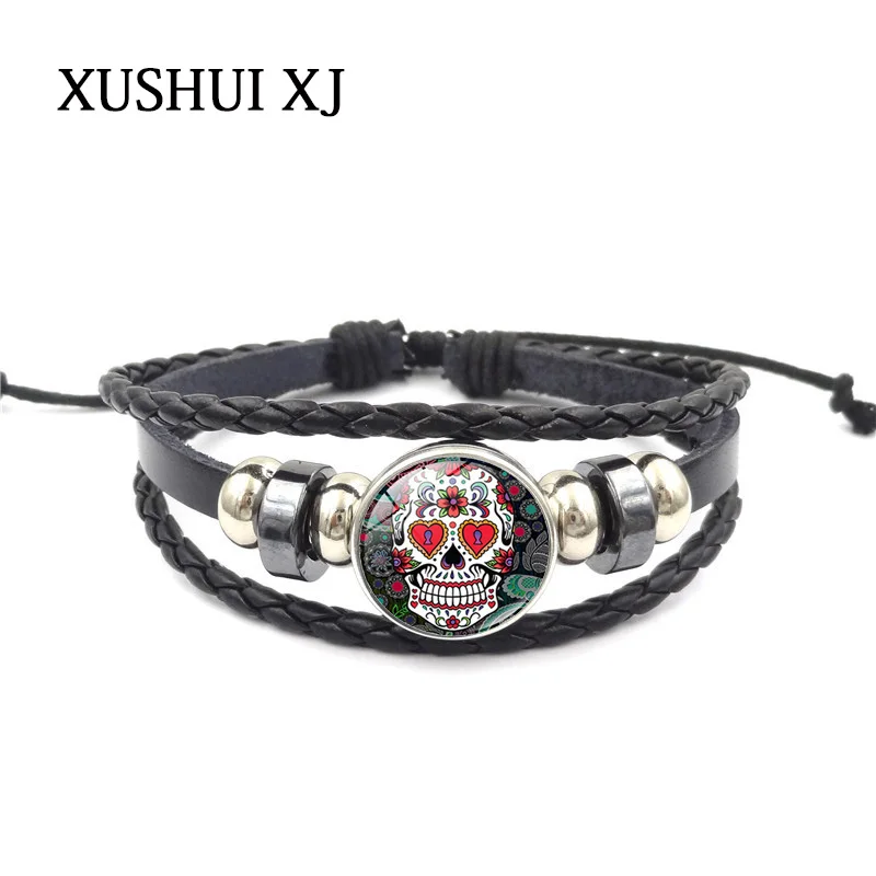 XUSHUI XJ с черепами узором стеклянный браслет пряжкой Модный черный кожаный