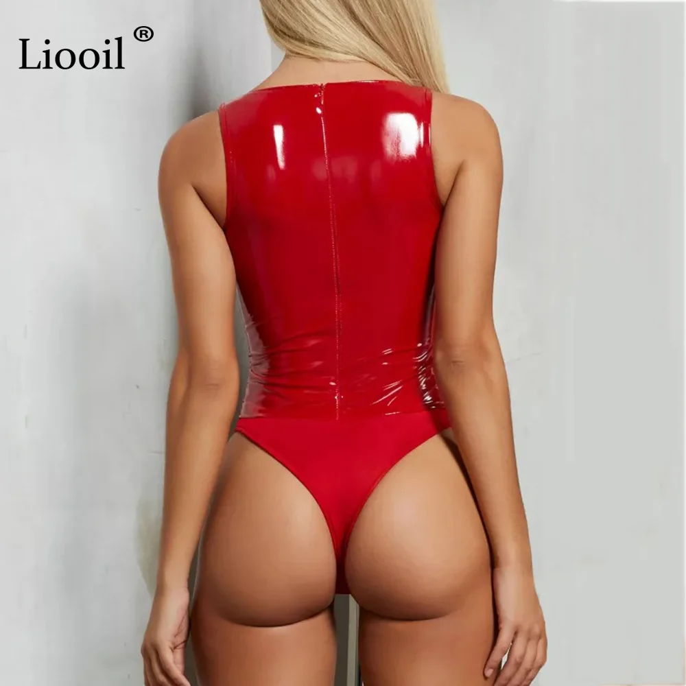 Liooil, сексуальный клубный кожаный боди, черный, красный, Облегающий комбинезон для женщин, без рукавов, v-образный вырез, вечерние комбинезоны, женский комбинезон, Комбинезоны