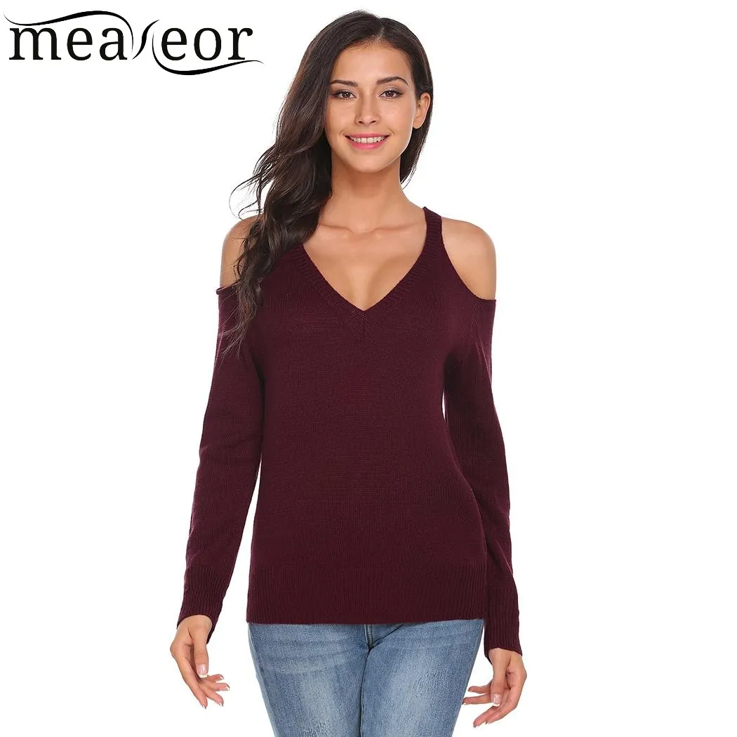 Meaneor Новый женский свитер с v-образным вырезом и открытыми плечами длинным